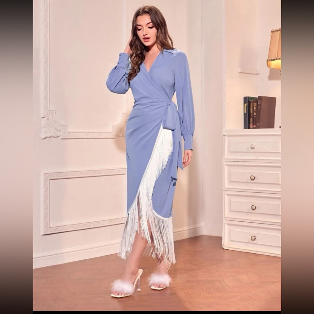 Powder Blue Fringe Wrap Dress Medium - Picture 8 of 10